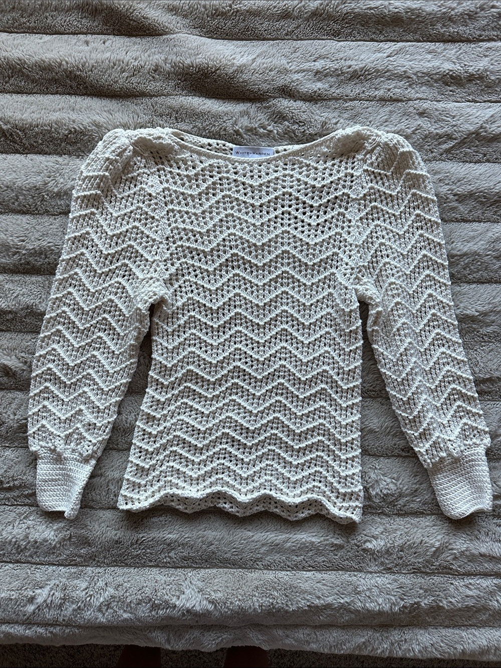White + Warren Open-Knit Chevron Sweater in Cream